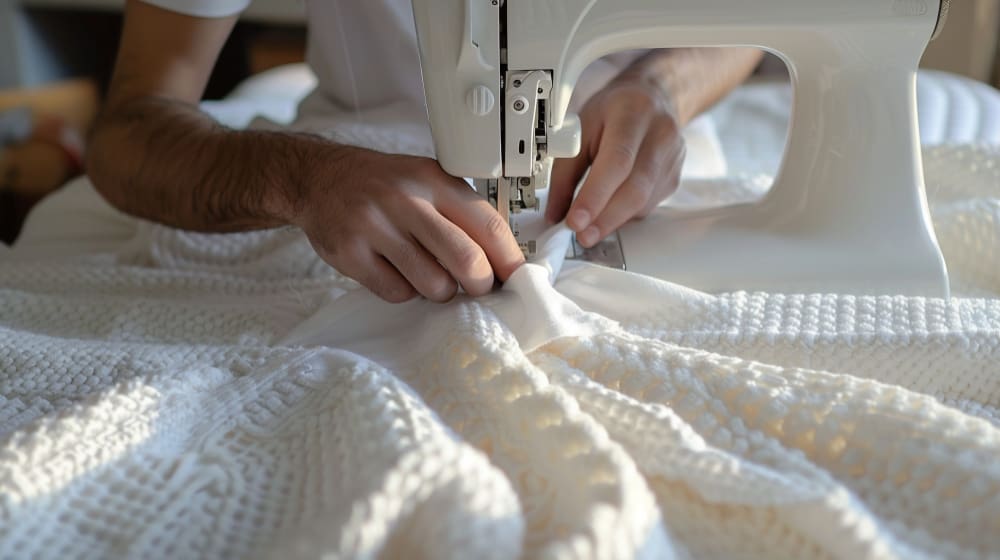A person uses a sewing machine to stitch a white textured fabric, their hands guiding the material under the needle—similar care is taken in leather garment cleaning Manlius.
