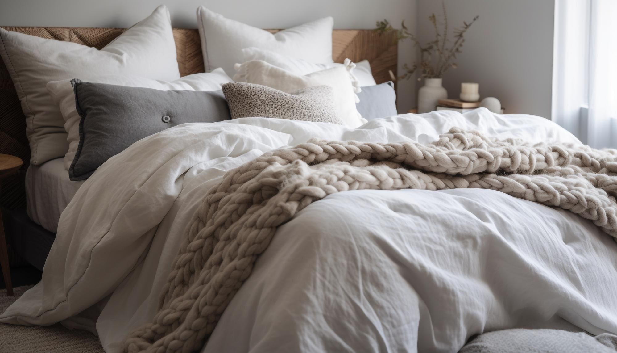 A neatly made bed with white linens, gray and white pillows, and a chunky knit beige blanket in a softly lit bedroom—perfectly refreshed with expert household item cleaning Syracuse services.