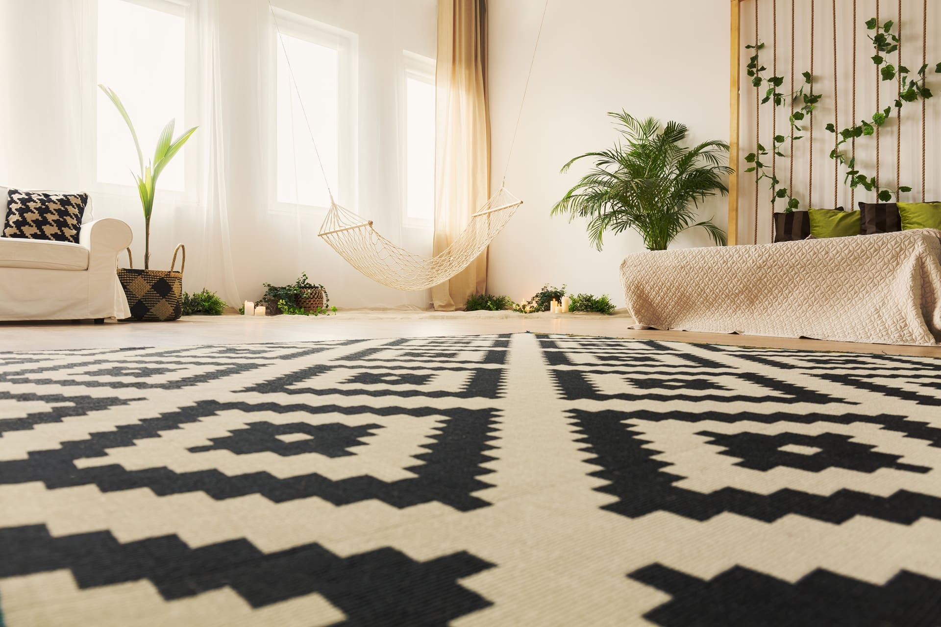 Modern living room with a patterned black and white rug, white armchair, hammock, potted plants, and a beige sofa bed—styled to perfection like expert alterations and tailoring Syracuse offers. Sunlight streams in through sheer curtains.
