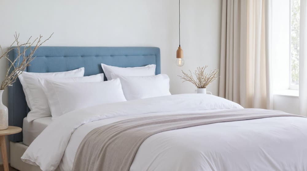 A neatly made bed with a blue upholstered headboard, white bedding, beige blanket, light wood nightstands, and decorative branches in a minimalist bedroom.