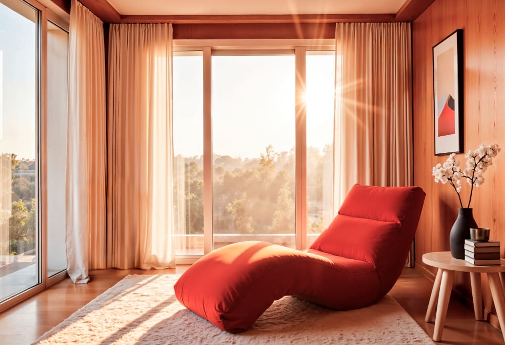 A modern sunlit room with a large red lounge chair, floor-to-ceiling windows, beige curtains, a small round table, and a framed abstract artwork on a wooden wall.