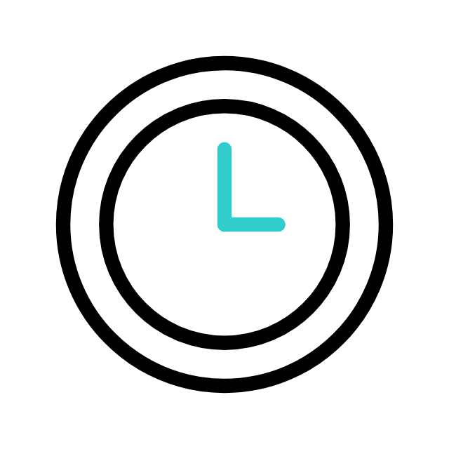 A simple black and white clock icon with blue hands pointing to 12 o'clock and 3 o'clock.