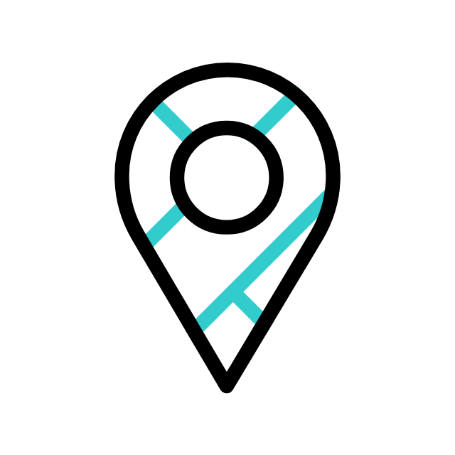 A black outlined map pin icon with teal diagonal lines inside, resembling a simplified map location marker.