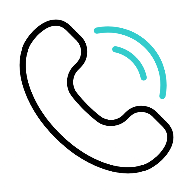 Simple black phone handset icon with two blue curved lines indicating a call or ringing, on a white background.